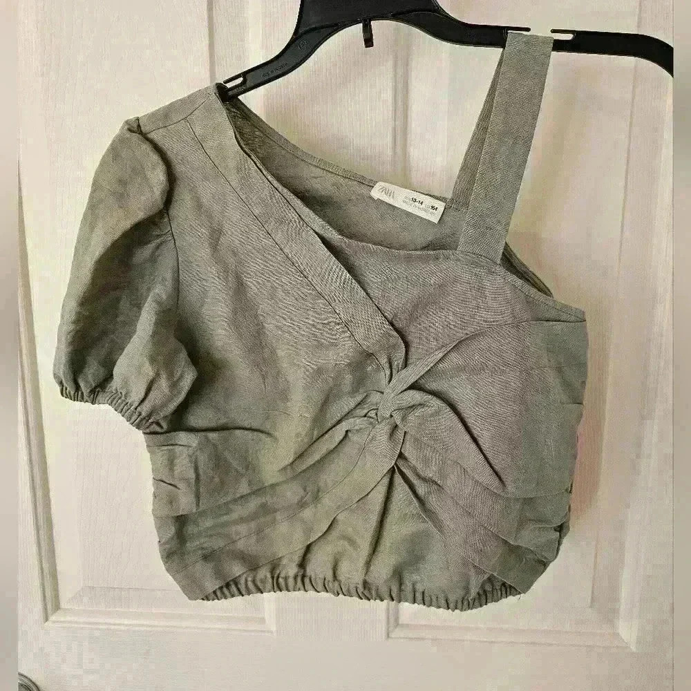ZARA Linen Green One Shoulder Blouse Size S (13-14)